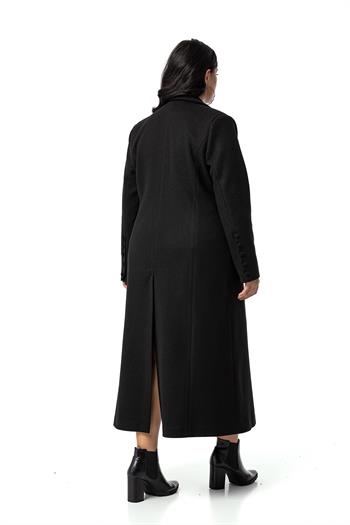 Büyük Beden Kaplama Düğmeli Cepli Astarlı Uzun Siyah Kaşe Kaban