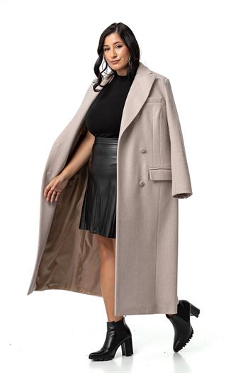 Büyük Beden Kaplama Düğmeli Cepli Astarlı Uzun Bej Rengi Kaşe Kaban