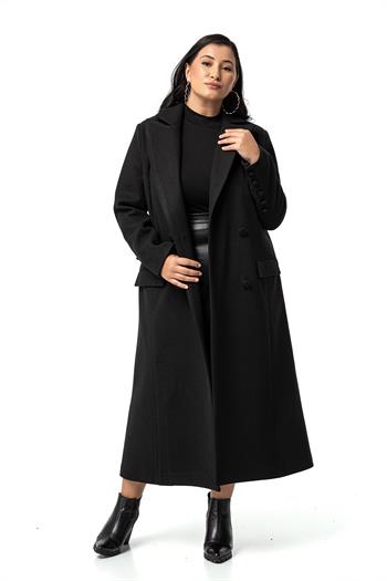 Büyük Beden Kaplama Düğmeli Cepli Astarlı Uzun Siyah Kaşe Kaban