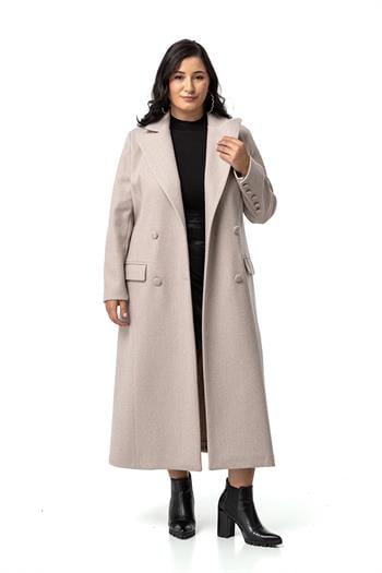 Büyük Beden Kaplama Düğmeli Cepli Astarlı Uzun Bej Rengi Kaşe Kaban