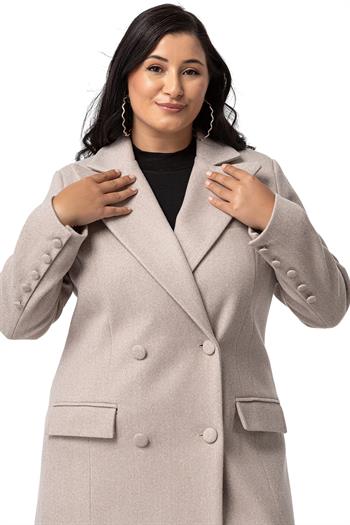 Büyük Beden Kaplama Düğmeli Cepli Astarlı Uzun Bej Rengi Kaşe Kaban