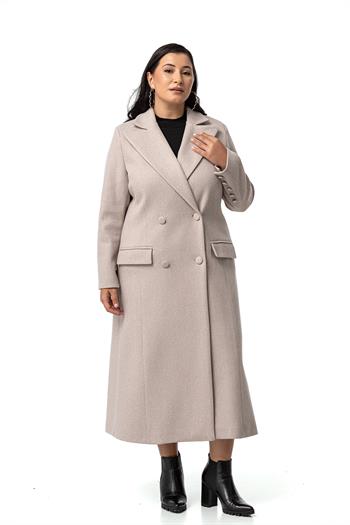 Büyük Beden Kaplama Düğmeli Cepli Astarlı Uzun Bej Rengi Kaşe Kaban