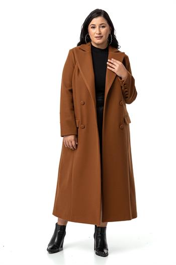 Büyük Beden Kaplama Düğmeli Cepli Astarlı Uzun Kahverengi Kaşe Kaban