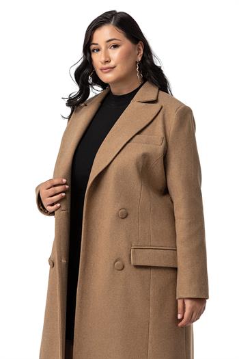 Büyük Beden Kaplama Düğmeli Cepli Astarlı Uzun Vizon Kaşe Kaban