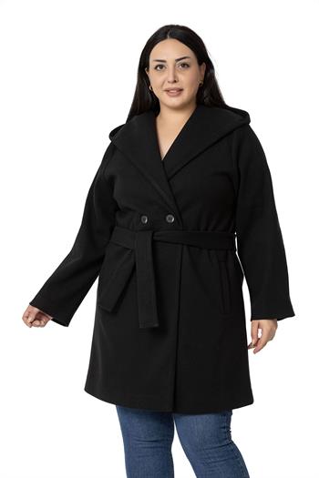 Büyük Beden Kapüşonlu Fleto Cepli Kuşaklı Siyah Kaban