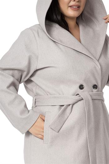 Büyük Beden Kapüşonlu Fleto Cepli Kuşaklı Taş Rengi Kaban