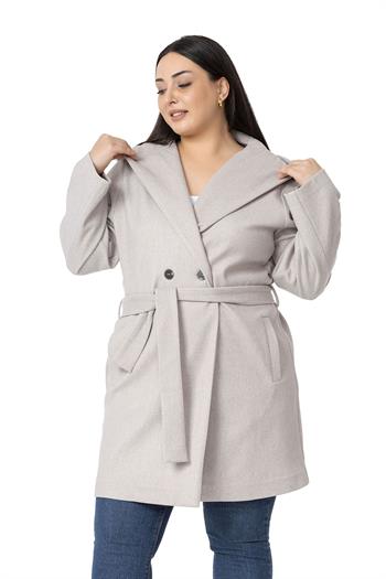 Büyük Beden Kapüşonlu Fleto Cepli Kuşaklı Taş Rengi Kaban