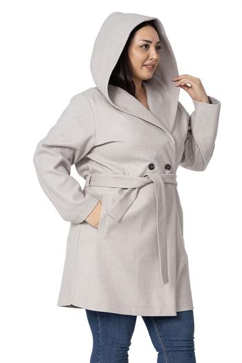Büyük Beden Kapüşonlu Fleto Cepli Kuşaklı Taş Rengi Kaban