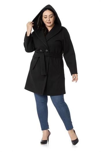 Büyük Beden Kapüşonlu Fleto Cepli Kuşaklı Siyah Kaban