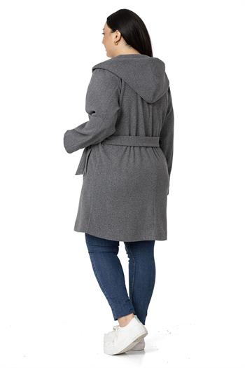 Büyük Beden Kapüşonlu Fleto Cepli Kuşaklı Antrasit Kaban