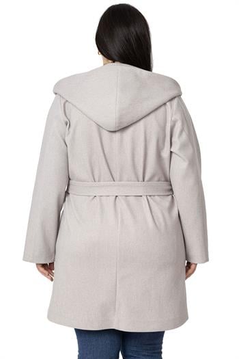 Büyük Beden Kapüşonlu Fleto Cepli Kuşaklı Taş Rengi Kaban