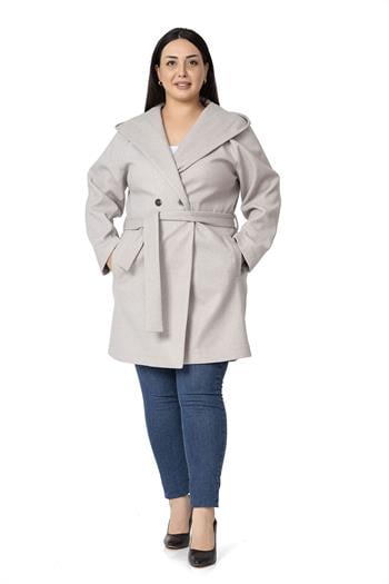 Büyük Beden Kapüşonlu Fleto Cepli Kuşaklı Taş Rengi Kaban