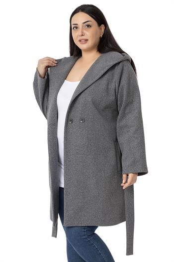 Büyük Beden Kapüşonlu Fleto Cepli Kuşaklı Antrasit Kaban