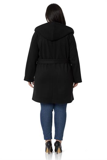 Büyük Beden Kapüşonlu Fleto Cepli Kuşaklı Siyah Kaban