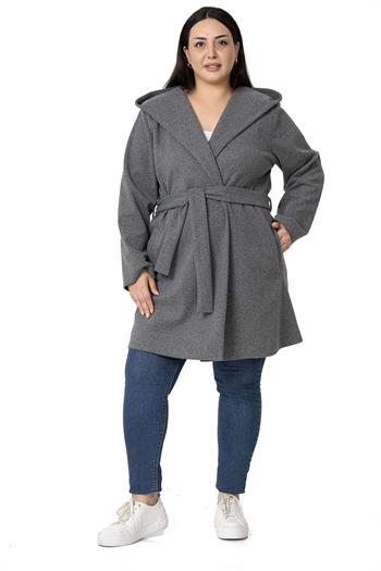 Büyük Beden Kapüşonlu Fleto Cepli Kuşaklı Antrasit Kaban