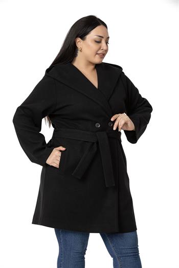 Büyük Beden Kapüşonlu Fleto Cepli Kuşaklı Siyah Kaban