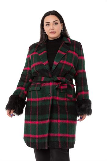 Büyük Beden Kolları Kürklü Cepli Astarlı Zümrüt Rengi Kaban