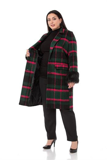 Büyük Beden Kolları Kürklü Cepli Astarlı Zümrüt Rengi Kaban