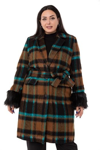 Büyük Beden Kolları Kürklü Cepli Astarlı Vizon Kaban