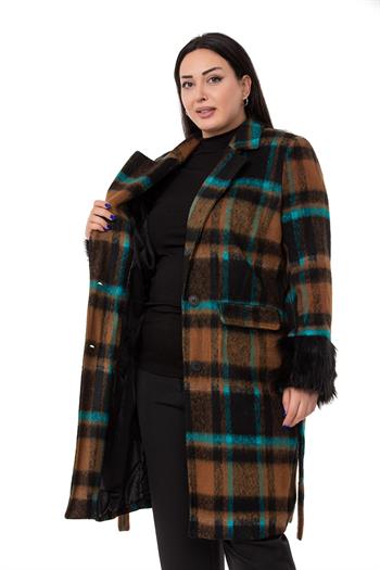 Büyük Beden Kolları Kürklü Cepli Astarlı Vizon Kaban