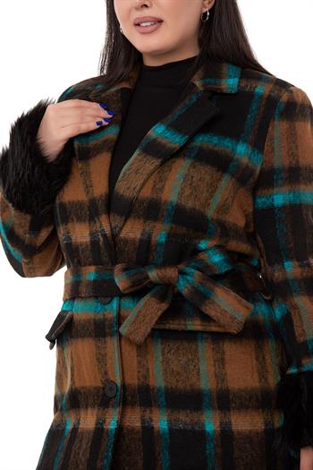 Büyük Beden Kolları Kürklü Cepli Astarlı Vizon Kaban