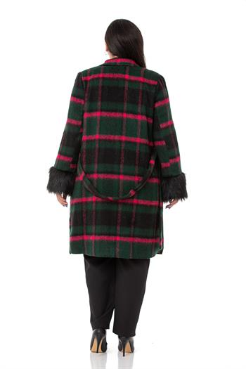 Büyük Beden Kolları Kürklü Cepli Astarlı Zümrüt Rengi Kaban