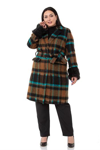 Büyük Beden Kolları Kürklü Cepli Astarlı Vizon Kaban