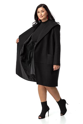 Büyük Beden Torba Cepli Tek Düğmeli Astarlı Siyah Kaşe Kaban