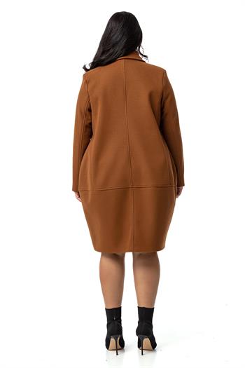 Büyük Beden Torba Cepli Tek Düğmeli Astarlı Kahverengi Kaşe Kaban