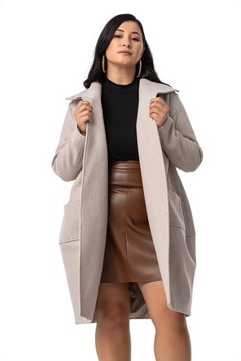 Büyük Beden Torba Cepli Tek Düğmeli Astarlı Bej Rengi Kaşe Kaban