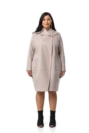 Büyük Beden Torba Cepli Tek Düğmeli Astarlı Bej Rengi Kaşe Kaban