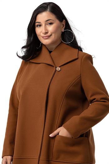 Büyük Beden Torba Cepli Tek Düğmeli Astarlı Kahverengi Kaşe Kaban