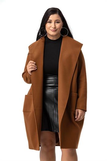 Büyük Beden Torba Cepli Tek Düğmeli Astarlı Kahverengi Kaşe Kaban