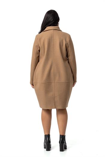 Büyük Beden Torba Cepli Tek Düğmeli Astarlı Vizon Kaşe Kaban