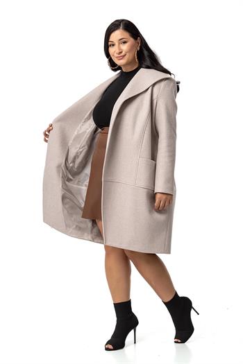 Büyük Beden Torba Cepli Tek Düğmeli Astarlı Bej Rengi Kaşe Kaban