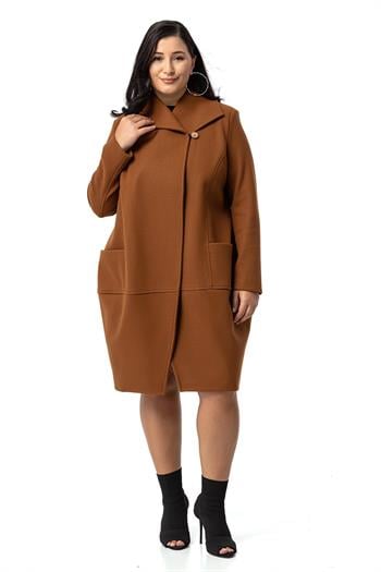 Büyük Beden Torba Cepli Tek Düğmeli Astarlı Kahverengi Kaşe Kaban