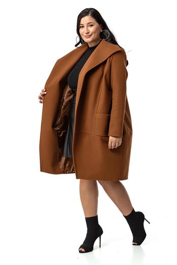 Büyük Beden Torba Cepli Tek Düğmeli Astarlı Kahverengi Kaşe Kaban