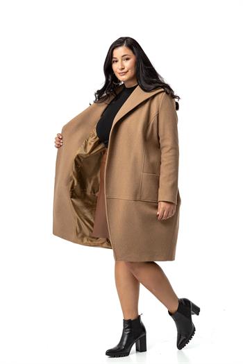 Büyük Beden Torba Cepli Tek Düğmeli Astarlı Vizon Kaşe Kaban