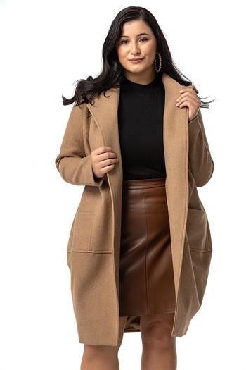 Büyük Beden Torba Cepli Tek Düğmeli Astarlı Vizon Kaşe Kaban