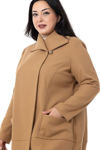 Büyük Beden Yaka Detaylı Kaşe Astarsız Camel Kaban