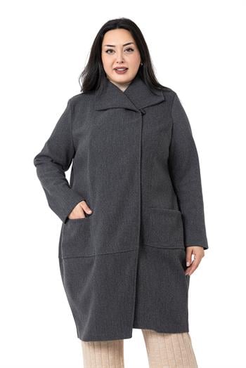 Büyük Beden Yaka Detaylı Kaşe Astarsız Antrasit Kaban