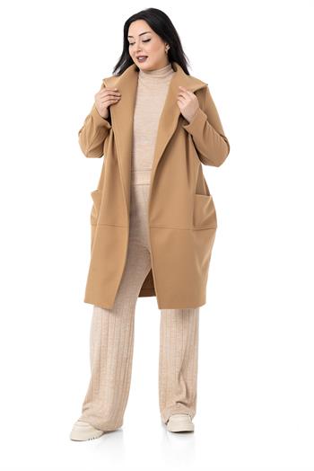 Büyük Beden Yaka Detaylı Kaşe Astarsız Camel Kaban