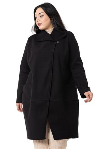 Büyük Beden Yaka Detaylı Kaşe Astarsız Siyah Kaban