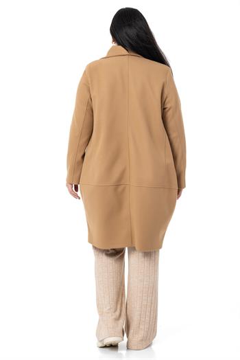 Büyük Beden Yaka Detaylı Kaşe Astarsız Camel Kaban
