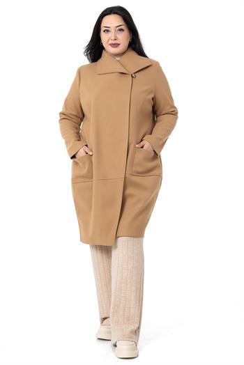 Büyük Beden Yaka Detaylı Kaşe Astarsız Camel Kaban