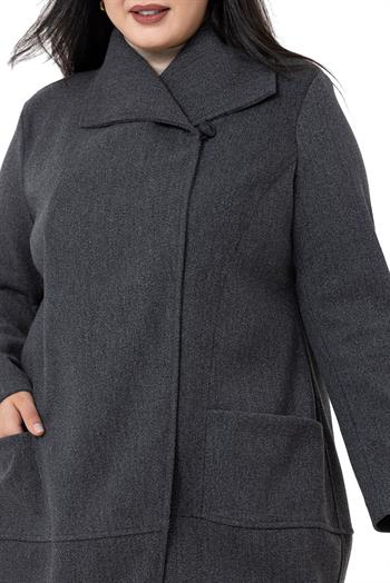 Büyük Beden Yaka Detaylı Kaşe Astarsız Antrasit Kaban