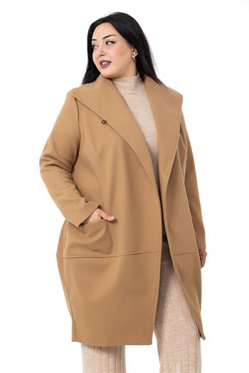 Büyük Beden Yaka Detaylı Kaşe Astarsız Camel Kaban