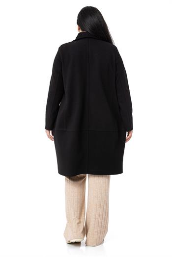 Büyük Beden Yaka Detaylı Kaşe Astarsız Siyah Kaban