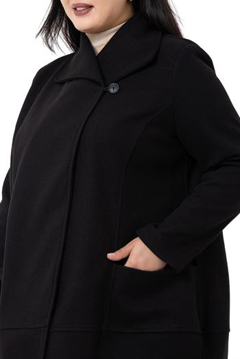 Büyük Beden Yaka Detaylı Kaşe Astarsız Siyah Kaban