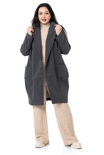 Büyük Beden Yaka Detaylı Kaşe Astarsız Antrasit Kaban